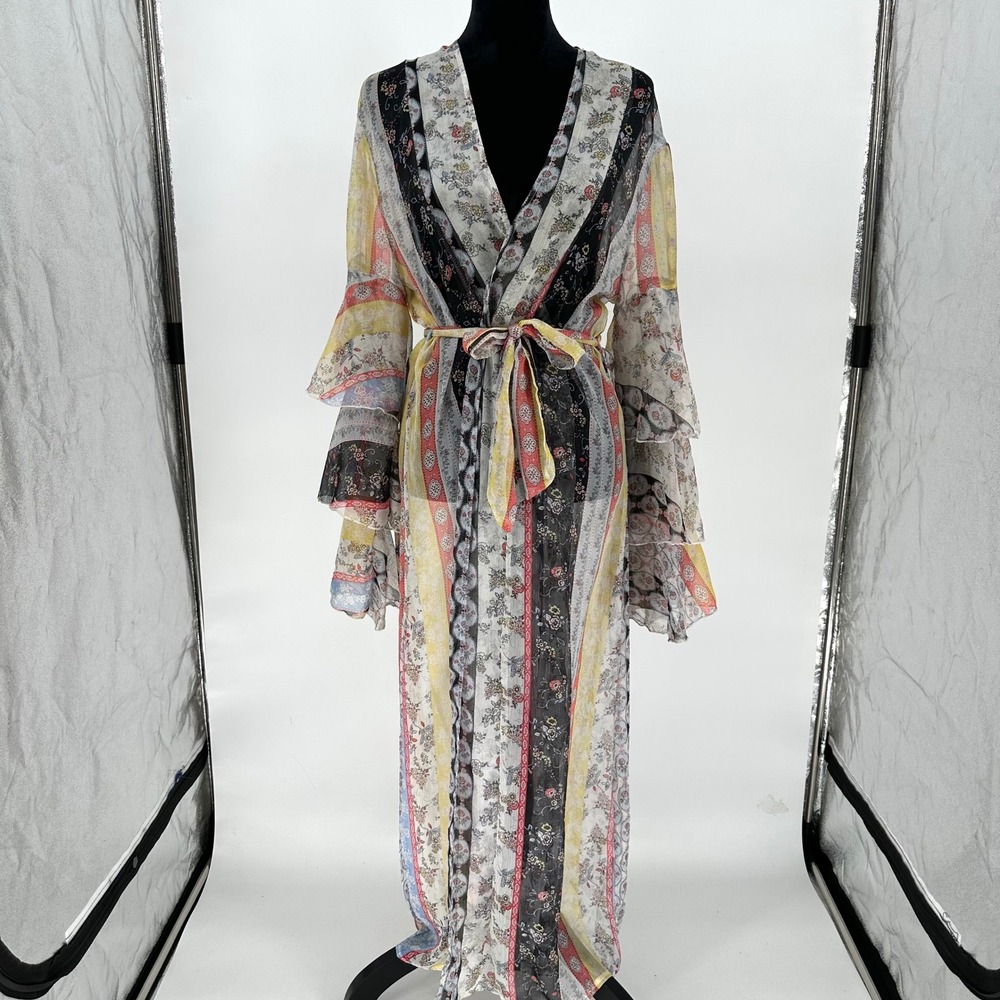 Chloah Patchwork Sheer Chiffon Floral Boho Bell Ruffle Kimono Cardigan Duster L